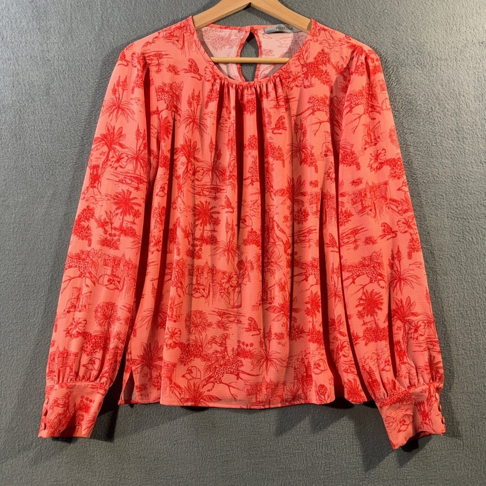 Marella Coral Tropical Toile Leopard Print Blouse 6 IT 42 311106012
